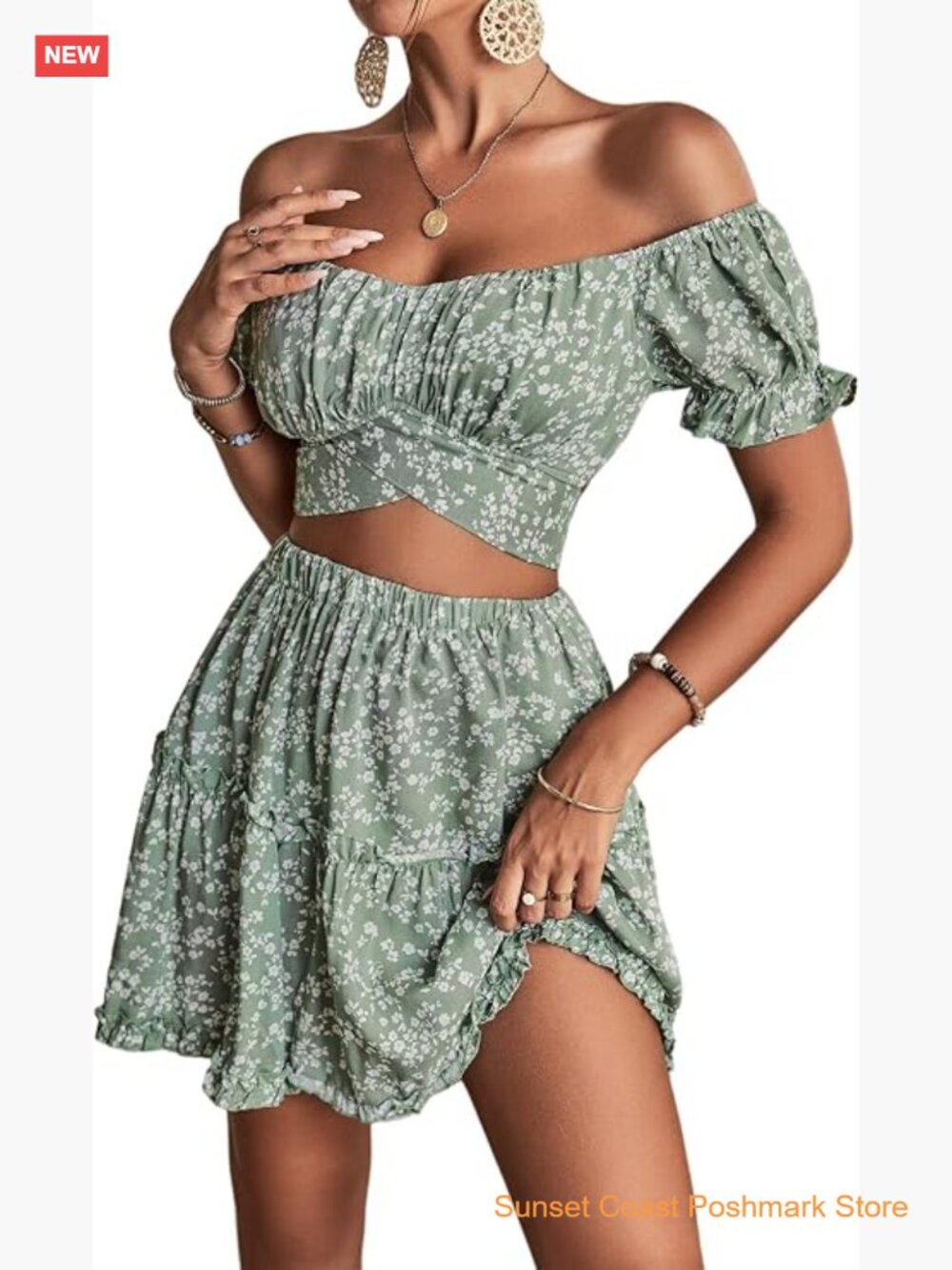 Floral Off Shoulder Crop Top and Mini Skirt Set 2 Piece Outfit
